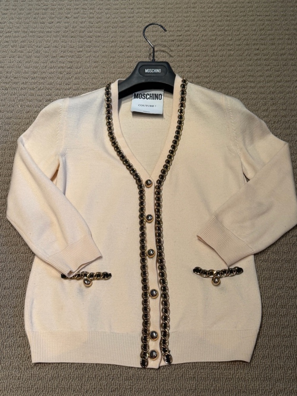Moschino Cream Cardigan with Gold-Tone Chain Trim
